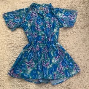 UO Renewal Vintage Blue Floral Print Flutter Sleeve Mini Dress